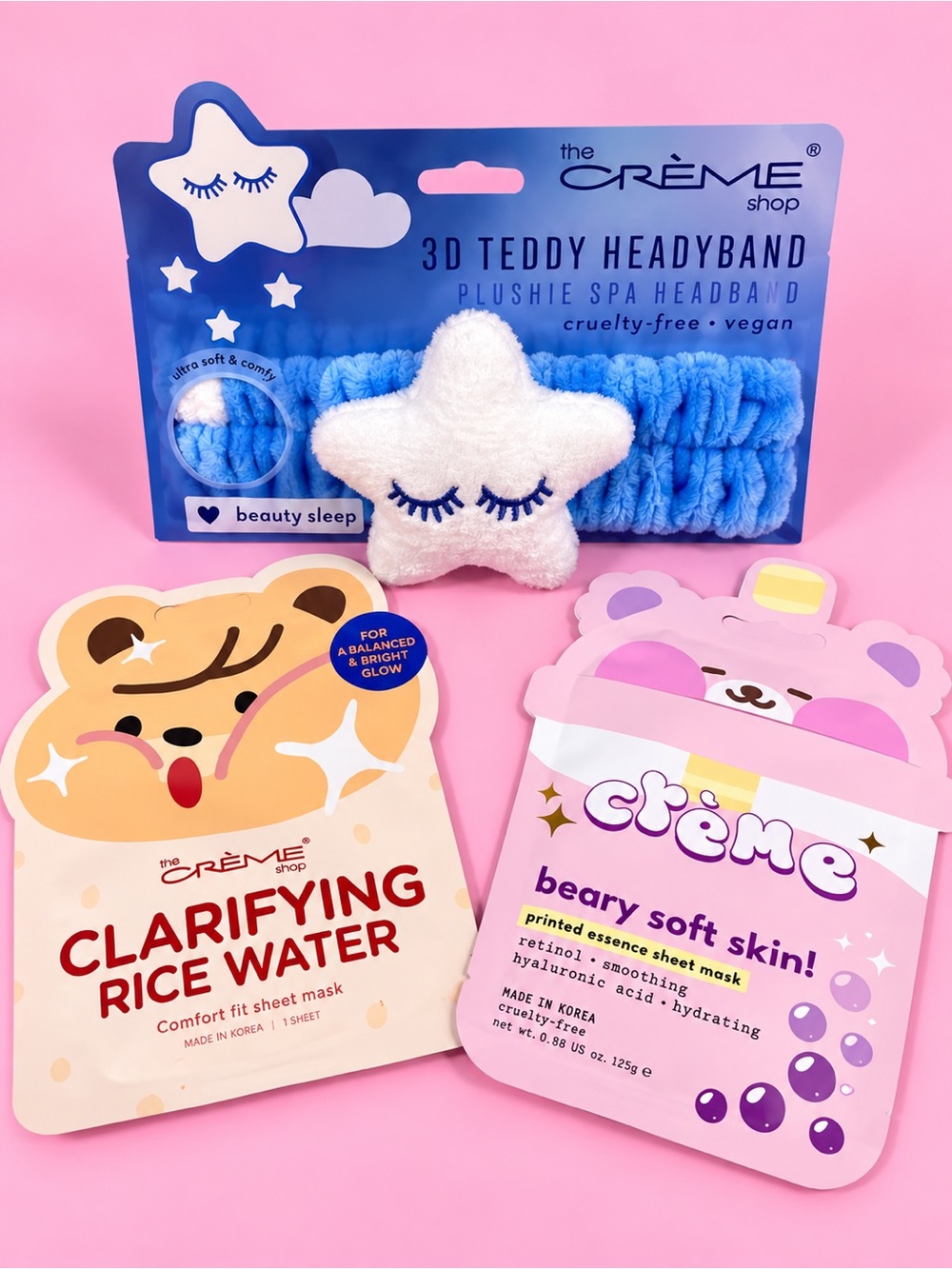 The Crème Shop Blue 3D Teddy Star Plushie Spa Soft Headband & 2 Face Masks